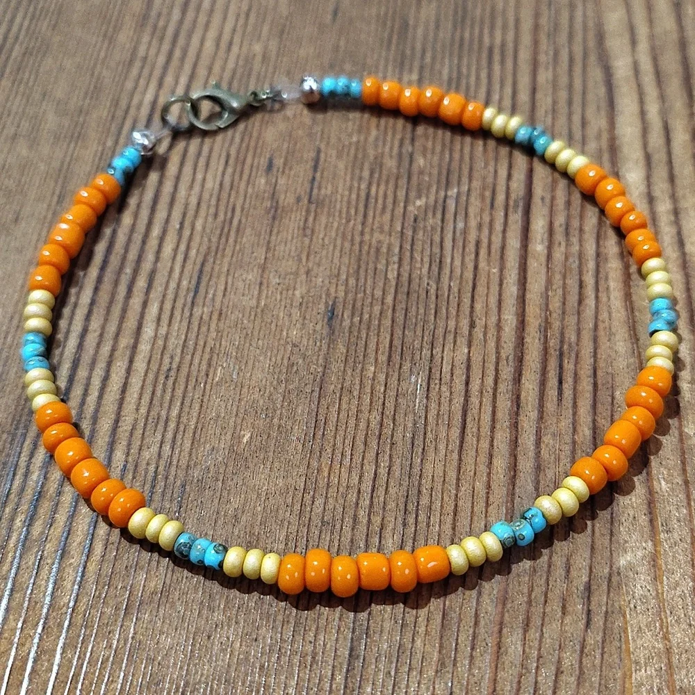 Orange and Turquoise Beaded Bracelet, Handmade Men's Bracelet 9 Inches Long - Picture 6 of 6